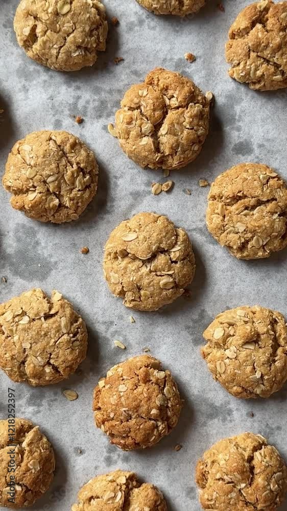 close up of freshly baked healthy oatmeal cookies in baking tray with parchment paper