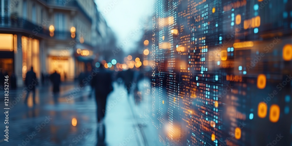 Obraz premium Urban Data Flow: A blurred cityscape, bustling with anonymous pedestrians, stands juxtaposed with a digital stream of data, showcasing the invisible forces shaping our urban lives.