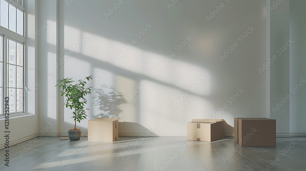 Fototapeta premium Empty room with white walls, wooden floor and green plant in pot