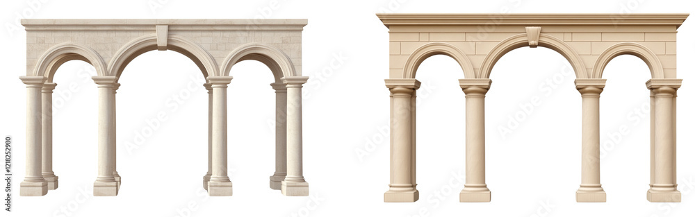 An arch with columns on each side, architectural design elements, beige color isolated on a transparent background An arch with columns on each side, architectural design elements, beige color isolated on a transparent background