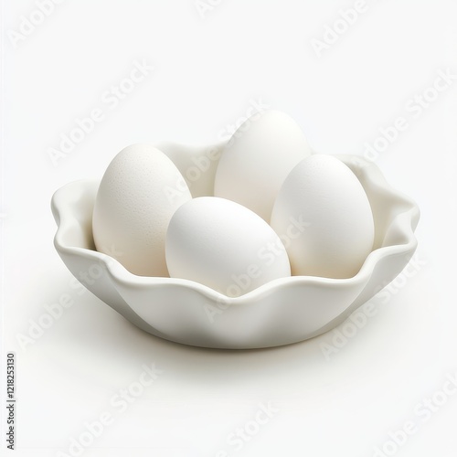 Four white eggs in a white ceramic bowl on a white background.
