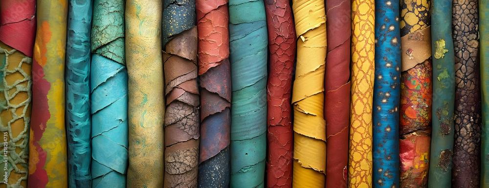 Colorful rolled fabrics, textured patterns, studio background, design resource Colorful rolled fabrics, textured patterns, studio background, design resource