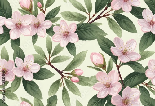 Seamless Spring Blossom Pattern with Pink Flowers and Green Leaves, Botanical Illustration