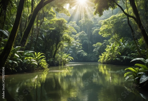 Sunbeams Illuminate Lush Green Rainforest River Scene, Tranquil Nature Paradise