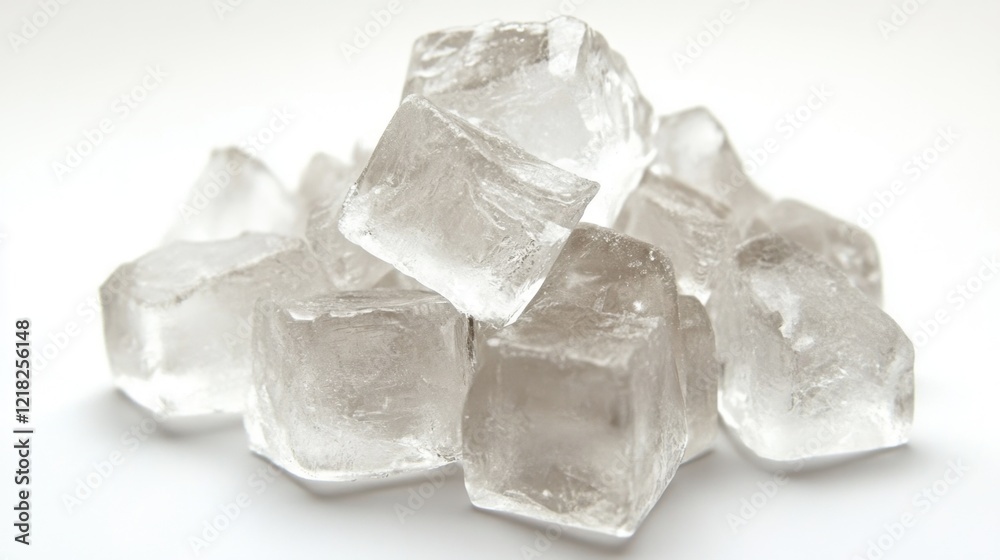 Clear Ice Cubes Piled Together on Light Background for Refreshing Drinks Clear Ice Cubes Piled Together on Light Background for Refreshing Drinks