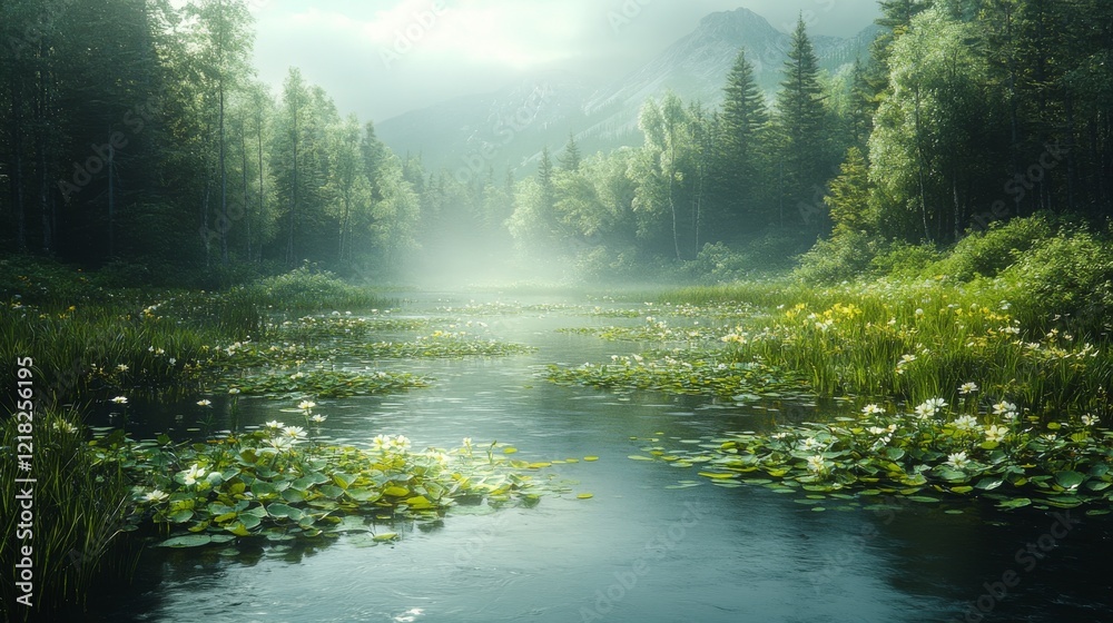 Obraz premium Serene misty mountain lake with lush vegetation and water lilies.