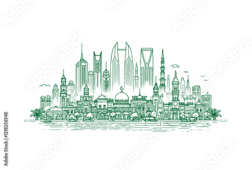 Line drawing of Modern cityscape of Saudi Arabia.kingdom of saudi arabia, urban, outline, downtown, drawing, tourism spot, lines art, famous, east, islam, kingdom, saudi, culture, future, silhouette, 