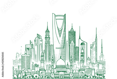 Line drawing of Modern cityscape of Saudi Arabia.kingdom of saudi arabia, urban, outline, downtown, drawing, tourism spot, lines art, famous, east, islam, kingdom, saudi, culture, future, silhouette, 