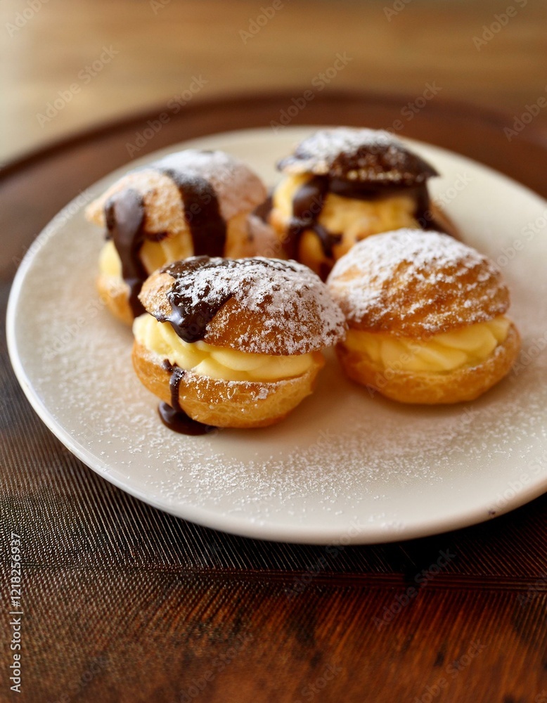 Cream puffs dusted with powdered sugar and drizzled with chocolate. Cream puffs dusted with powdered sugar and drizzled with chocolate.
