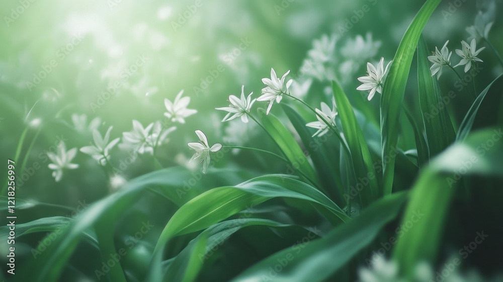 Fototapeta premium Blooming Wildflowers in Soft Focus Green Background Nature Scene
