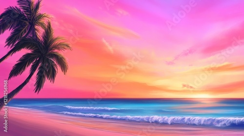 Serene Tropical Sunset Over Calm Ocean Waves with Palm Trees