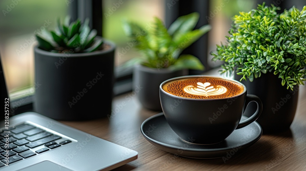 custom made wallpaper toronto digitalClose up of coffee latte art with laptop and plant pots on wooden desk