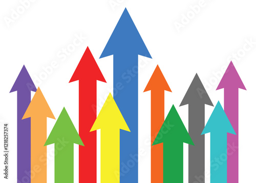 Colorful business arrows rising up vertically represent business growth and trading profits compete to be the highest, bright colors arrow