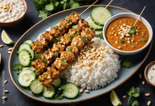 Tempeh Satay Skewers with Peanut Sauce, Rice, and Cucumber Salad: Delicious Asian-Inspired Meal