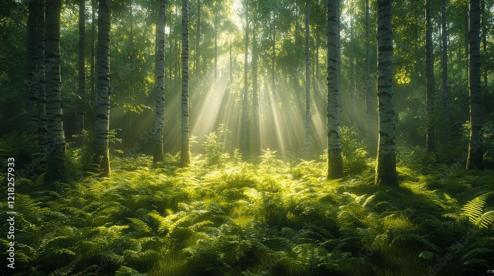 Fototapeta premium Sunbeams illuminate a serene birch forest floor covered in lush green ferns.