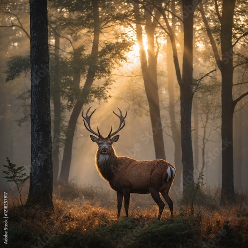 An enchanting scene of a majestic red deer standing gracefully in a misty forest at dawn. The morning sun bathes the landscape in a warm golden glow, casting long, soft shadows through the trees.

