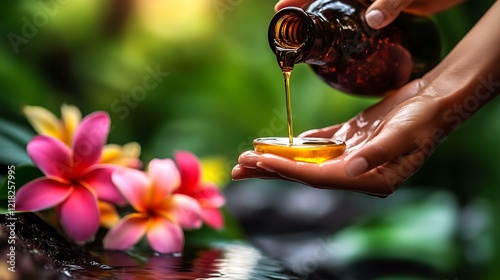 A close-up of hands pouring massage oil onto a palm before a therapeutic session
