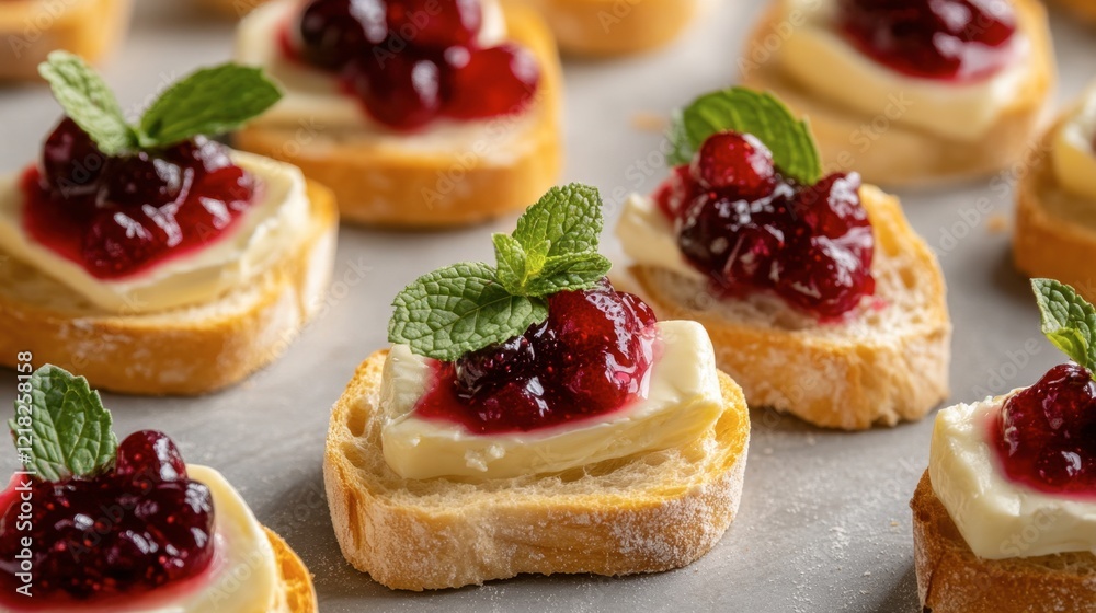 Delicious Mini Toasts with Cream Cheese and Berry Jam Toppings Delicious Mini Toasts with Cream Cheese and Berry Jam Toppings
