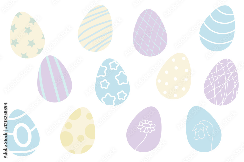 Easter egg set in pastel colors with striped pattern, stars, circles.Vector illustration in naive children's flat style for Easter cards and banners. Easter egg set in pastel colors with striped pattern, stars, circles.Vector illustration in naive children's flat style for Easter cards and banners.