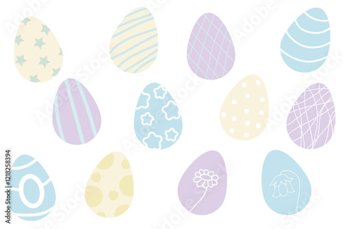 Easter egg set in pastel colors with striped pattern, stars, circles.Vector illustration in naive children's flat style for Easter cards and banners.