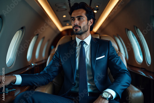 Successful business people dress appropriately in airplane cabins, symbolizing elite travel and global business engagement. A blend of luxury, professionalism and mobility at premium corporate events. photo