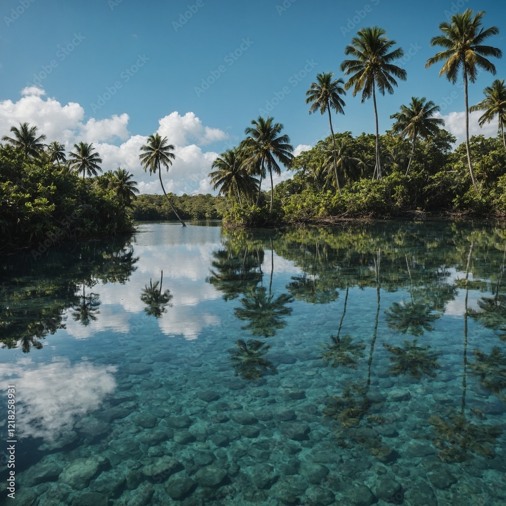 A tropical lagoon on an island, where the water is so still it mirrors the sky and the trees. A tropical lagoon on an island, where the water is so still it mirrors the sky and the trees.