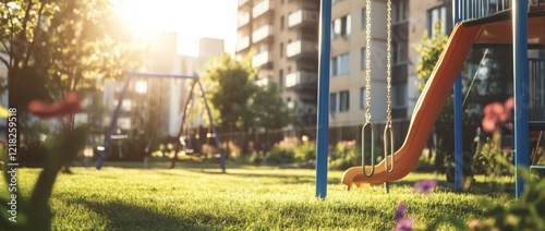 Bright playground with colorful slides and climbing frames in the garden of an apartment building