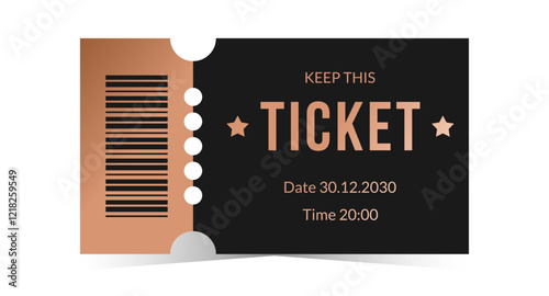 Horizontal bronze, black ticket template. Cinema, theater, casino, concert, opera, ballet copper design. Vector illustration on white background