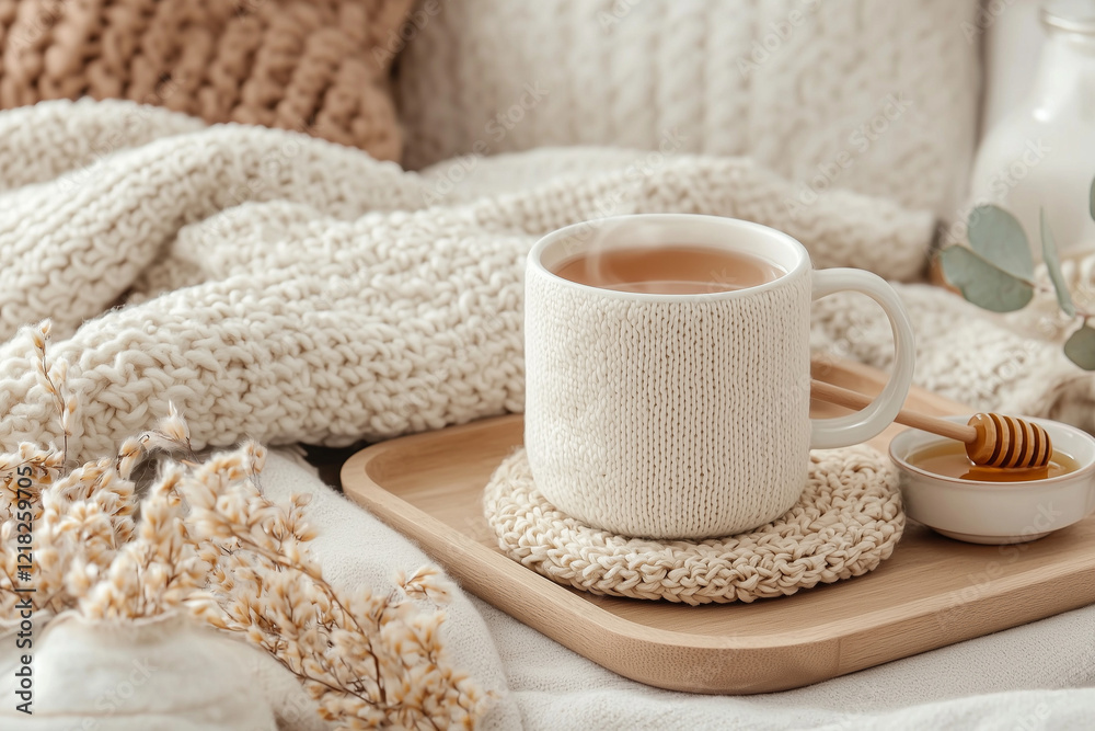 A cozy herbal tea moment with a steaming mug placed on a knitted coaster, accompanied by honey on the side. A soft blanket and a rustic wooden tray enhance the atmosphere, creating a warm and peaceful A cozy herbal tea moment with a steaming mug placed on a knitted coaster, accompanied by honey on the side. A soft blanket and a rustic wooden tray enhance the atmosphere, creating a warm and peaceful