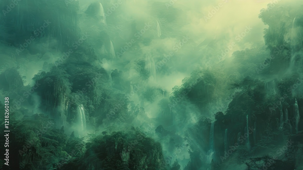 Lush Green Jungle Landscape with Waterfalls and Misty Atmosphere, Capturing Nature's Serenity Lush Green Jungle Landscape with Waterfalls and Misty Atmosphere, Capturing Nature's Serenity