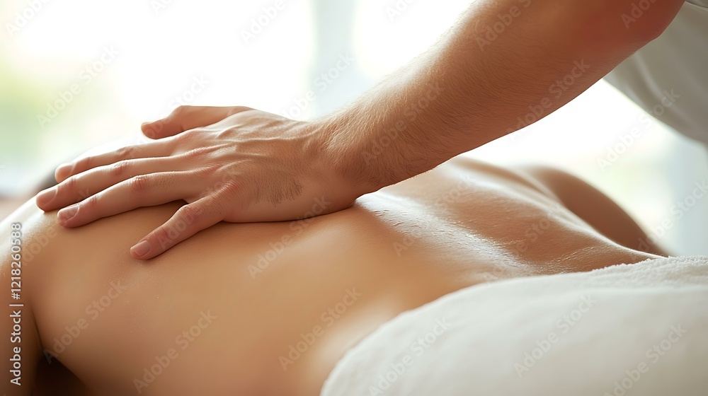 A therapist performing a relaxing back massage on a patient in a serene spa setting with soft lighting A therapist performing a relaxing back massage on a patient in a serene spa setting with soft lighting