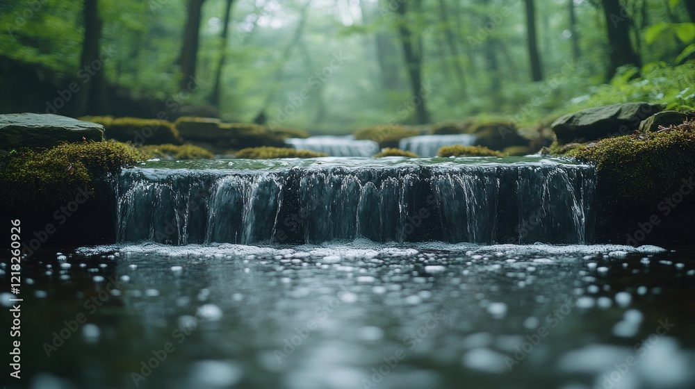 Obraz premium Serene forest stream cascading over mossy rocks.