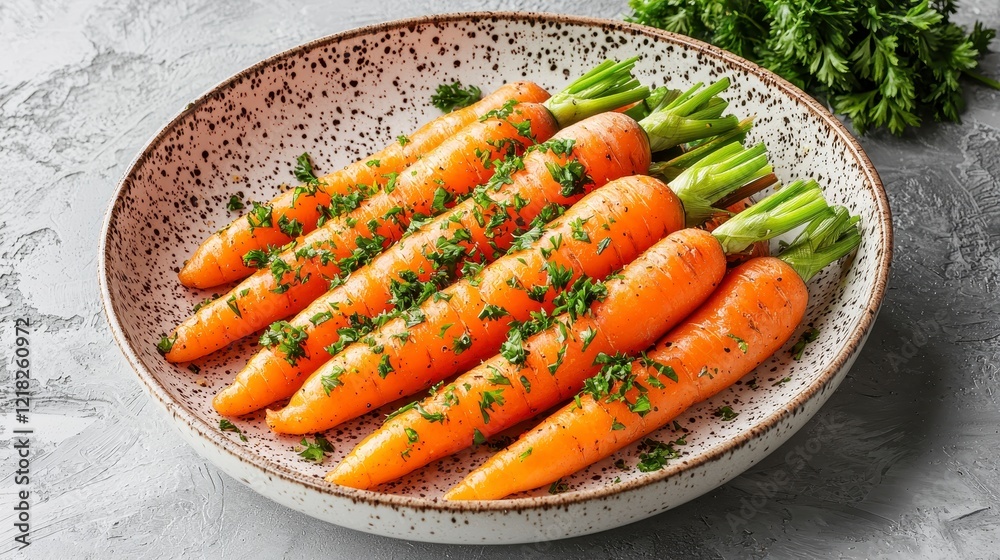 Roasted carrots, parsley garnish, grey background, healthy food photography Roasted carrots, parsley garnish, grey background, healthy food photography