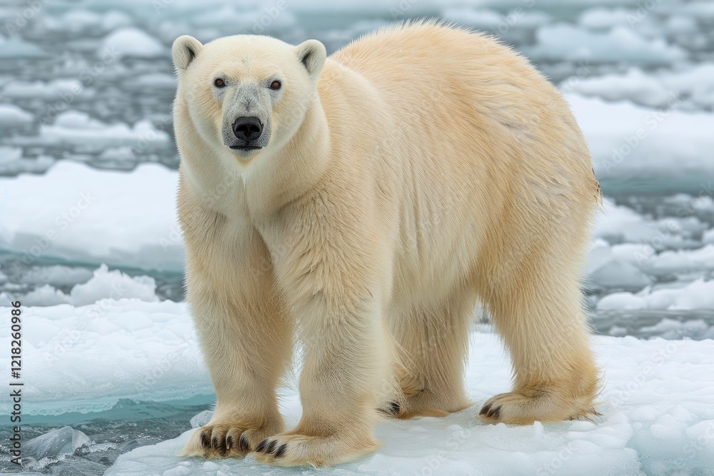 Polar bear standing on ice in Arctic waters, showcasing its natural habitat and survival Polar bear standing on ice in Arctic waters, showcasing its natural habitat and survival
