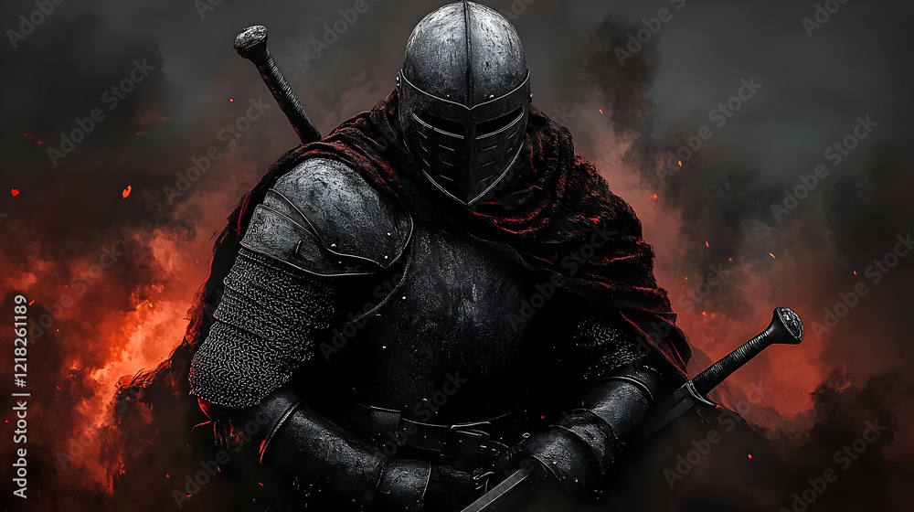 Naklejka premium Knight, battle, fire, fantasy, armor, dark, medieval, rests, digital, art