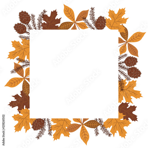 Autumn Square Frame. Beautiful Fall Background. Autumn Leaves, Maple, Oak, Chestnut Leaves. Free Space for Your Text. Vector Illustration in Yellow, Brown on White Background