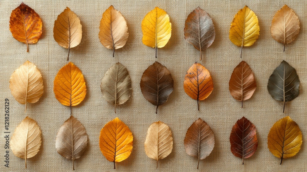Autumn Leaves Arranged on Neutral Fabric Background Autumn Leaves Arranged on Neutral Fabric Background