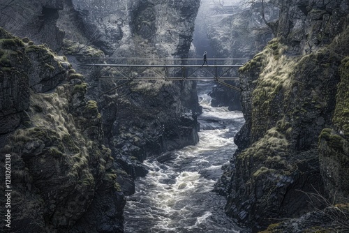 A solitary figure walking across a bridge over a rushing river in a misty, rocky canyon landscape photo