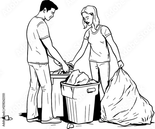 people picking trash drawing