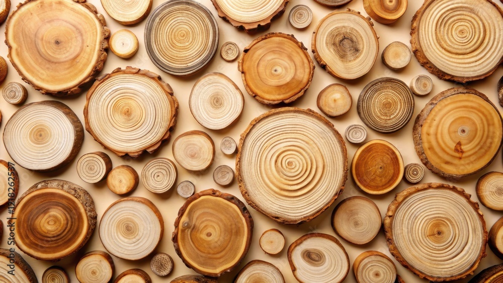 Rustic Wooden Circles Arranged in a Natural Pattern, Showing the Beautiful Texture and Grain of the Wood Rustic Wooden Circles Arranged in a Natural Pattern, Showing the Beautiful Texture and Grain of the Wood