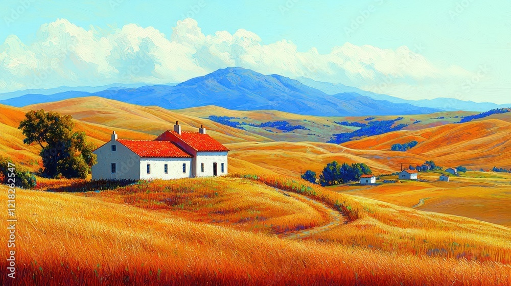 Golden hills landscape with country houses and mountains, calm scenery painting Golden hills landscape with country houses and mountains, calm scenery painting