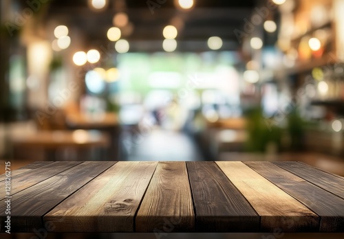 Wooden table in blurred cafe background. photo