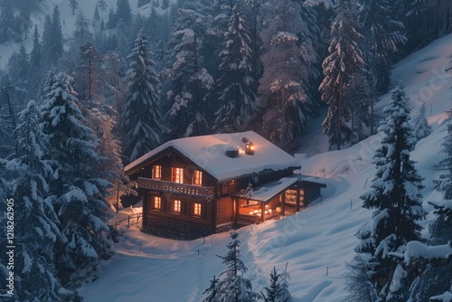 Wallpaper Mural Cozy wooden cabin illuminated at dusk, surrounded by snow-covered trees in a serene winter landscape Torontodigital.ca