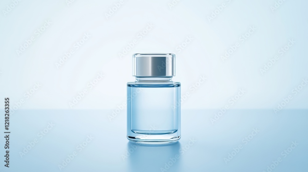 Elegant glass perfume bottle with a silver cap displayed against a minimalist light blue background, showcasing transparency and simplicity for fragrance advertising and beauty branding. Elegant glass perfume bottle with a silver cap displayed against a minimalist light blue background, showcasing transparency and simplicity for fragrance advertising and beauty branding.