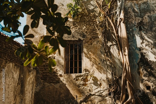 Abandoned building with a barred window surrounded by lush greenery and creeping vines in sunlight