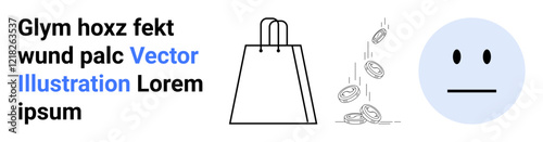 Shopping bag with handles, coins dropping, and neutral face emoticon illustrate consumer behavior and financial concerns. Ideal for e-commerce, budgeting, economics, consumer studies, retail