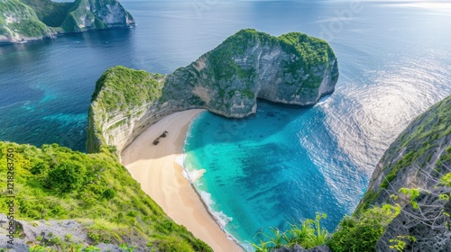 Stunning aerial view of a secluded beach surrounded by cliffs and turquoise waters on a sunny day