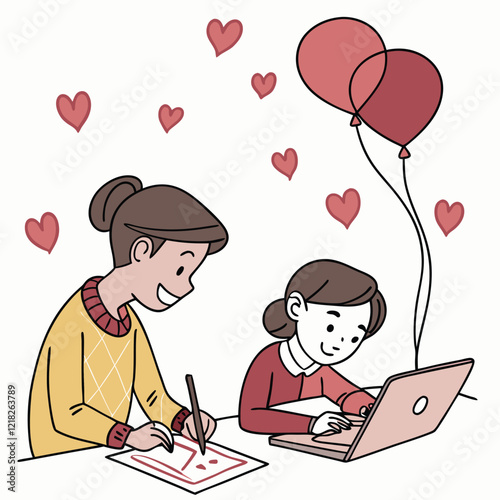 Valentine day girl and boy working