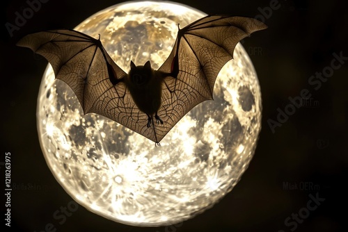 A silhouetted bat flying against a bright full moon, capturing a mystical night scene