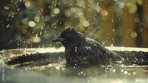 A black bird bathing in a garden fountain under gentle rain, surrounded by blurred greenery